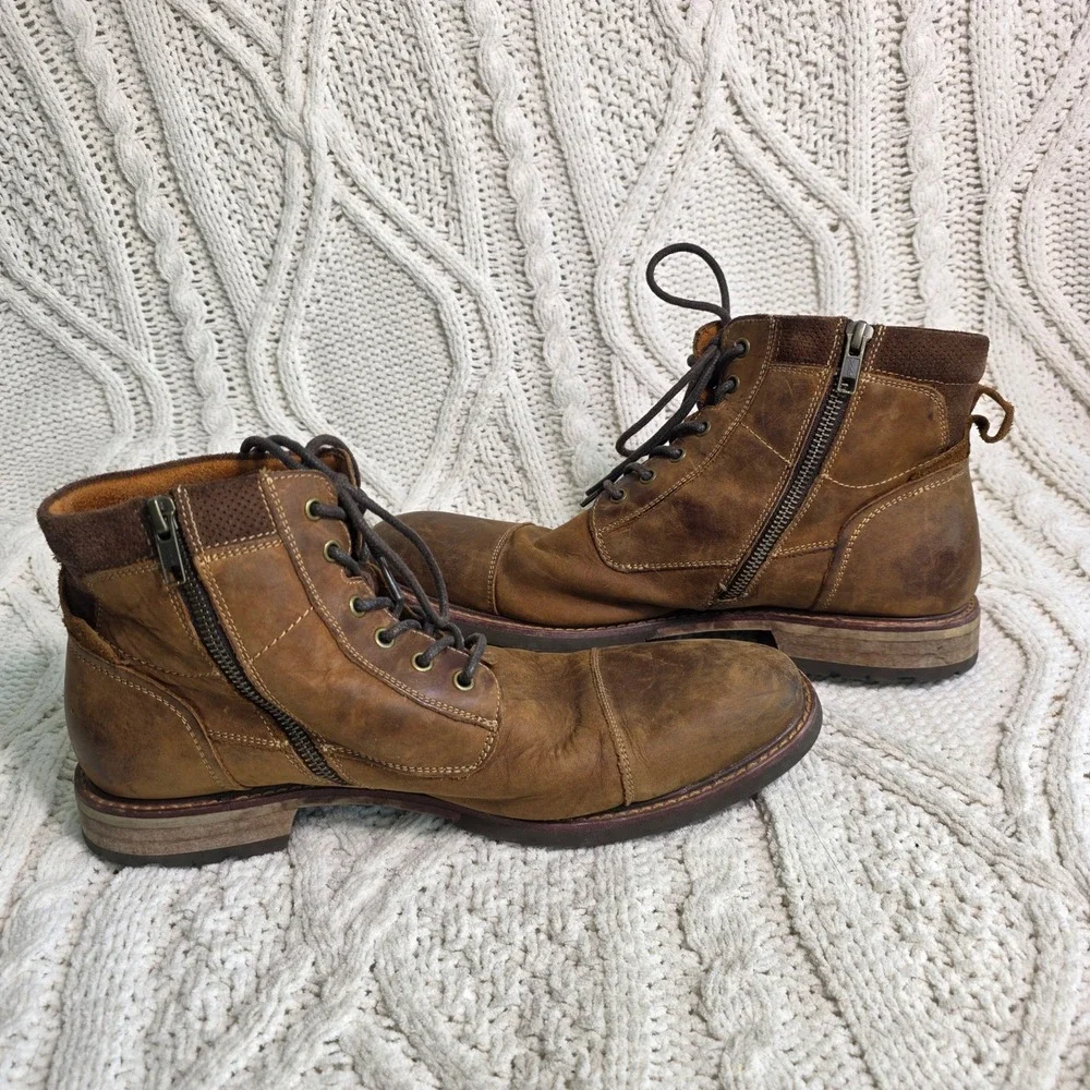 Florsheim Boots Brown Leather Lace Up Side Zip Cap Toe Mens 10